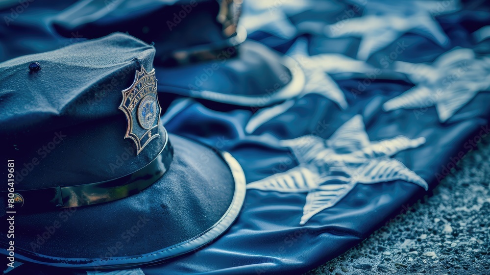 Obraz na płótnie Police caps resting on American flag symbolize law enforcement and patriotism w salonie