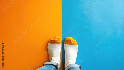 Feet in socks with one on blue surface and other orange photo