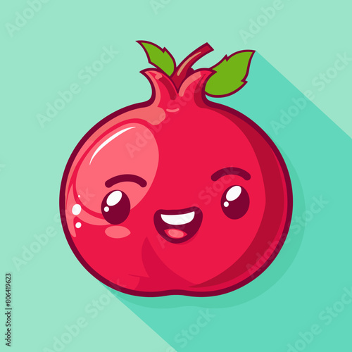 A cartoon Pomegranate with a leaf on top. The fruit is smiling and has a happy expression