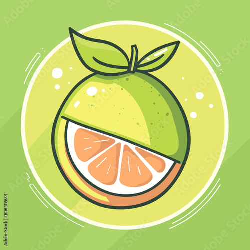 A cartoon drawing of a green Pomelo with a leaf on top. The Pomelo is cut in half, revealing its juicy, citrusy interior. The drawing is vibrant and playful, with a sense of freshness and energy