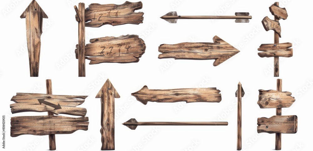 Set of wooden signpost with arrows isolated on white background. Set of wooden signpost with arrows isolated on white background.