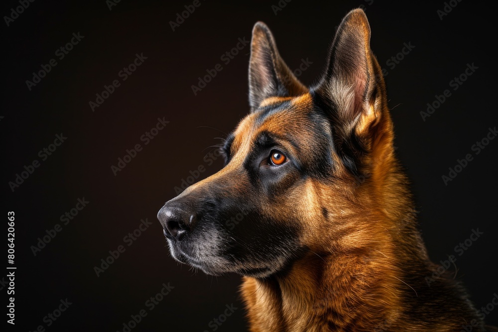 Mystic portrait of German Shepherd, copy space on right side, Close-up View,  Isolated on black background