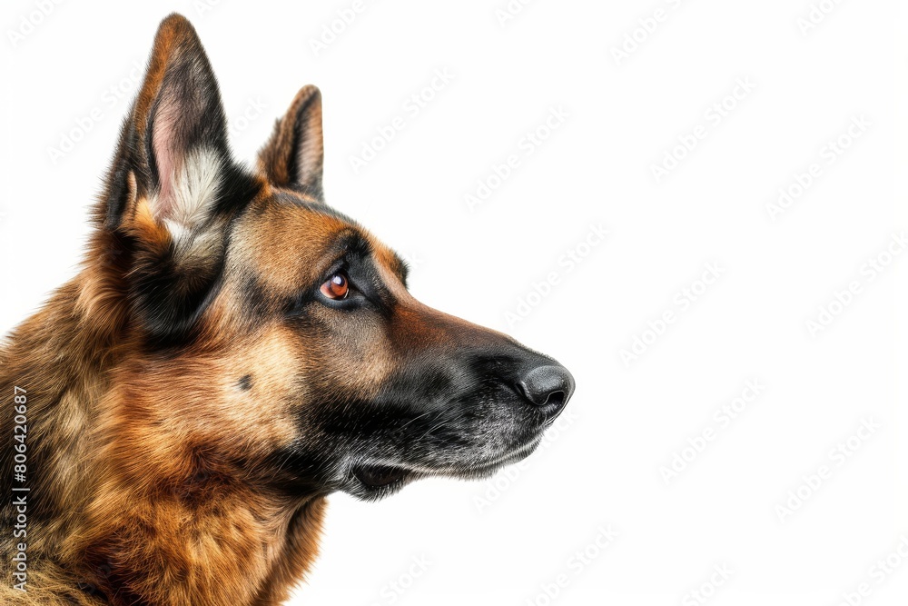 Mystic portrait of German Shepherd, copy space on right side, Close-up View,  Isolated on white background