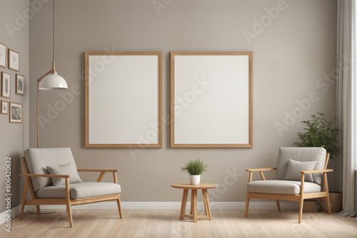 Poster frame mock-up in home interior background  living room in beige and brown colors 3d render