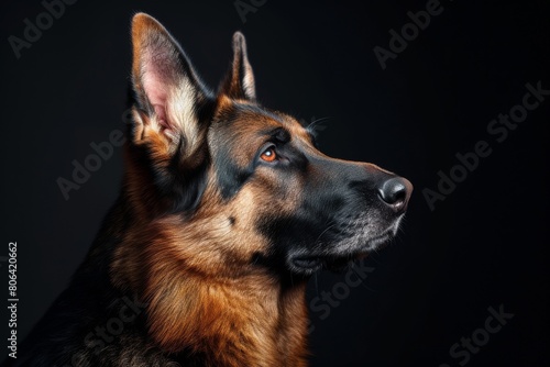 Mystic portrait of German Shepherd  copy space on right side  Close-up View   Isolated on black background