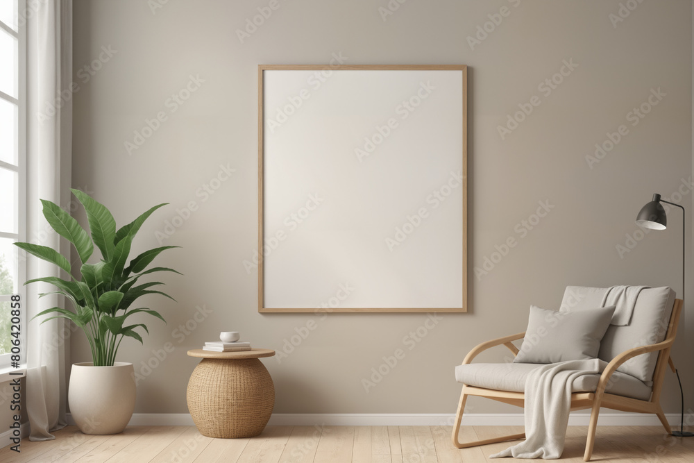 Poster frame mock-up in home interior background, living room in beige and brown colors,3d render Poster frame mock-up in home interior background, living room in beige and brown colors,3d render