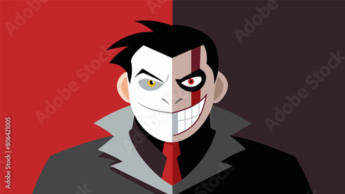 An advertit for a new television series shows the main character wearing a mask with one half depicting a happy charismatic face while the other shows.