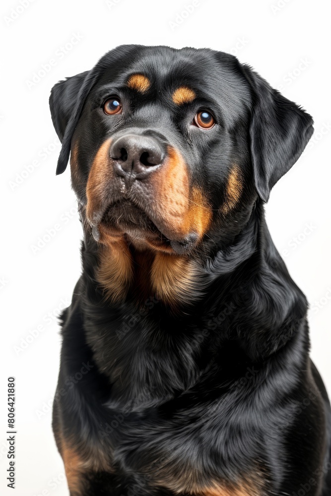 Mystic portrait of Rottweiler, copy space on right side, Close-up View, Isolated on white background Mystic portrait of Rottweiler, copy space on right side, Close-up View, Isolated on white background