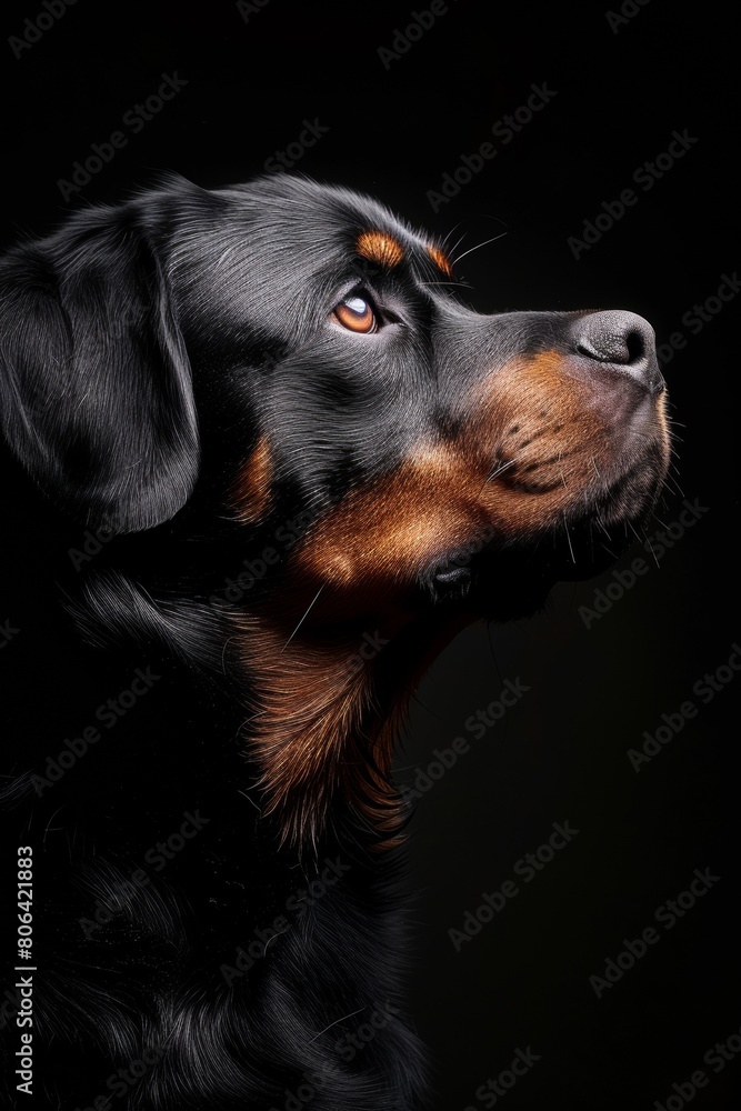Mystic portrait of Rottweiler, copy space on right side, Close-up View, Isolated on black background Mystic portrait of Rottweiler, copy space on right side, Close-up View, Isolated on black background