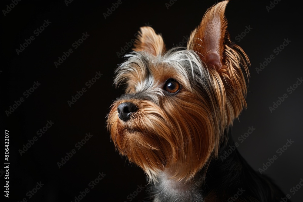 Mystic portrait of Yorkshire Terrier, copy space on right side, Headshot, isolated on Black background Mystic portrait of Yorkshire Terrier, copy space on right side, Headshot, isolated on Black background