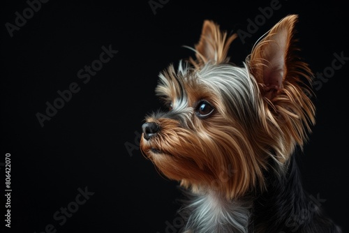 Mystic portrait of Yorkshire Terrier, copy space on right side, Headshot, Close-up View, isolated on Black background
