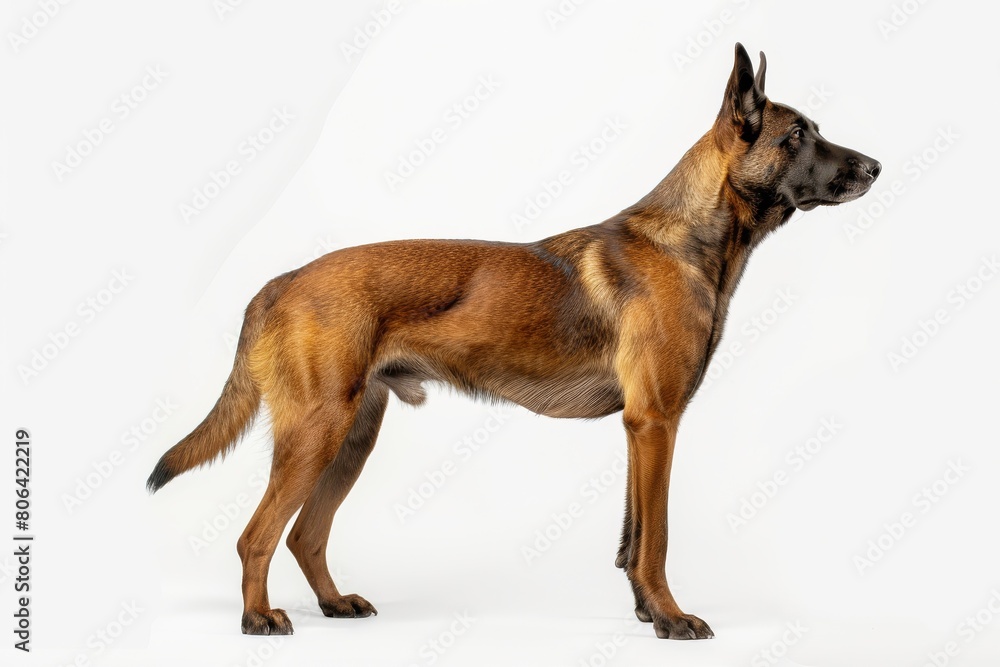 the beside view Belgian Malinois dog standing, left side view, 