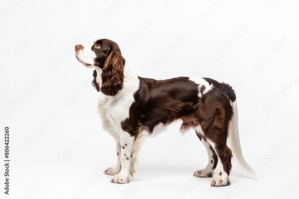 the beside view English Springer Spaniel dog standing, left side view, 