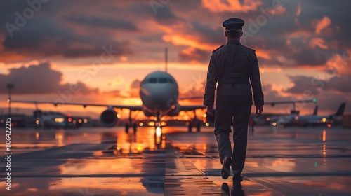 a pilot in uniform walking towards a commercial airplane photo