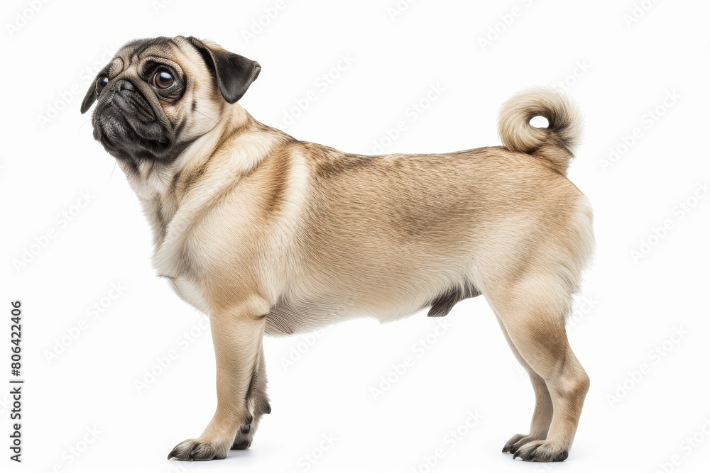 the beside view Pug dog standing, left side view, 