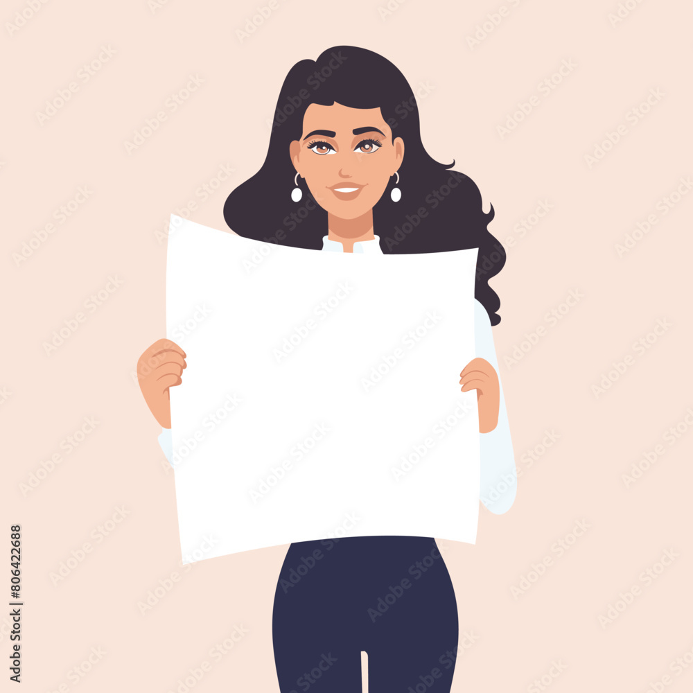 Woman holding blank poster ready input message. Smiling female character presenting empty sign. Ethnic woman casual attire showcasing placard, vector graphic Woman holding blank poster ready input message. Smiling female character presenting empty sign. Ethnic woman casual attire showcasing placard, vector graphic