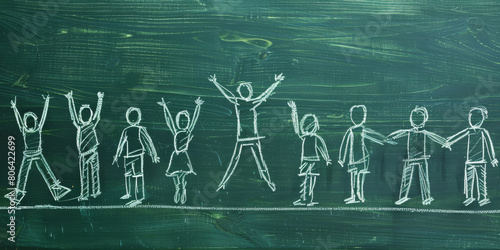 A blackboard with stick figures drawn in chalk, Celebrating success. People throw the winner up photo