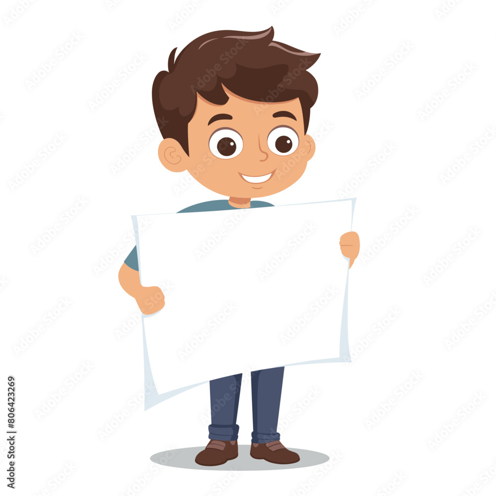 Young cartoon boy holding blank sign smiling. Brown hair, happy expression, casual clothes, poster presentation. Male child animated character empty banner message text Young cartoon boy holding blank sign smiling. Brown hair, happy expression, casual clothes, poster presentation. Male child animated character empty banner message text