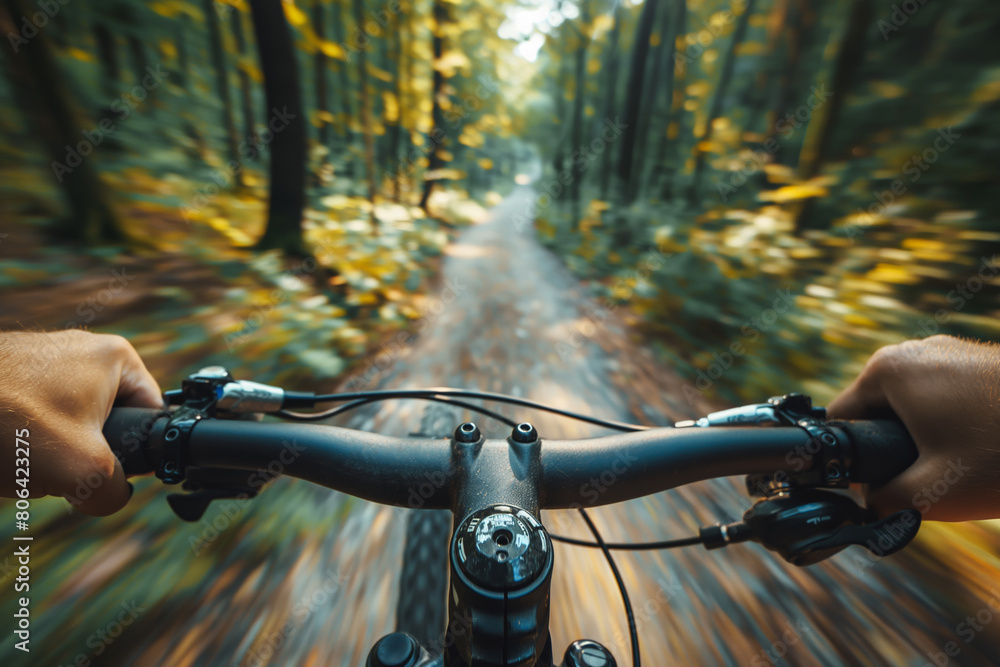 Cyclist's Perspective Riding Through an Autumnal Forest, Leaves Blanketing the Path Cyclist's Perspective Riding Through an Autumnal Forest, Leaves Blanketing the Path