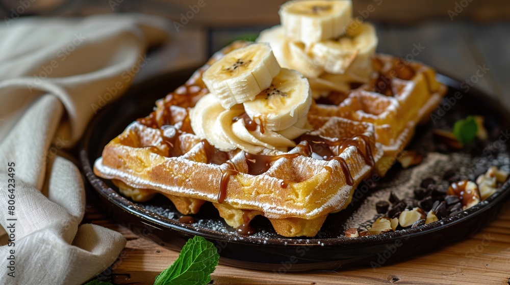Croffle with different sweet topping banana . Generative Ai Croffle with different sweet topping banana . Generative Ai