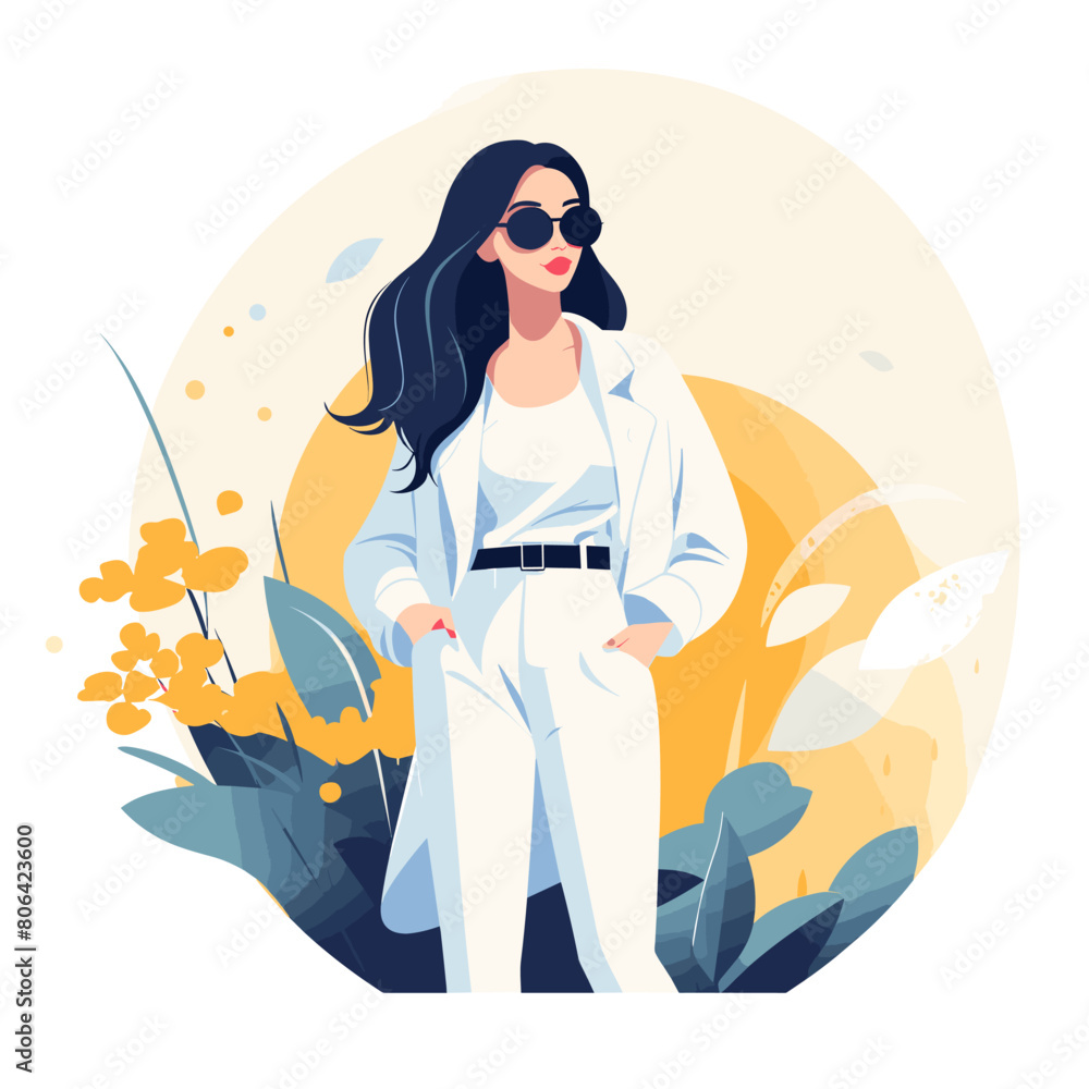A woman in a white jacket and white pants is standing in front of a tree. She is wearing sunglasses and has a smile on her face. The image has a bright and cheerful mood, with the woman looking happy A woman in a white jacket and white pants is standing in front of a tree. She is wearing sunglasses and has a smile on her face. The image has a bright and cheerful mood, with the woman looking happy