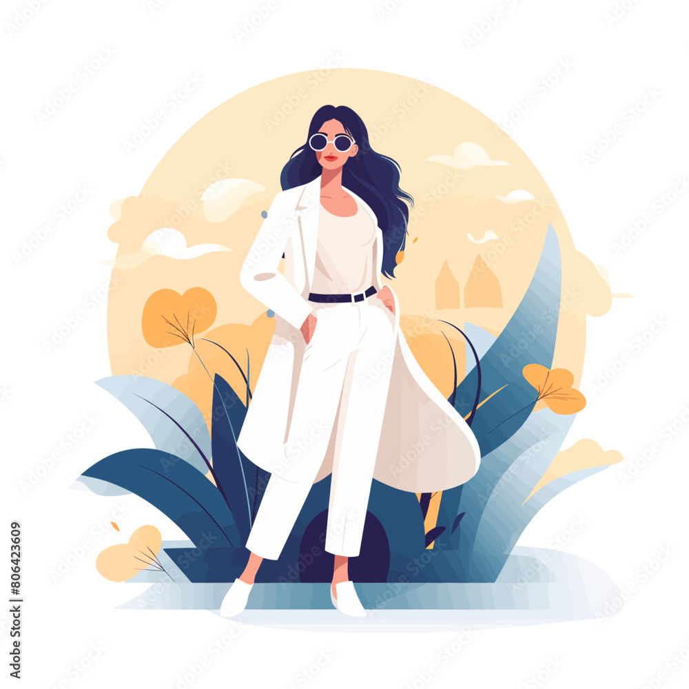 Obraz premium A woman in a white coat and glasses stands in front of a flowery background. Concept of elegance and sophistication, with the woman's attire and the lush greenery in the background
