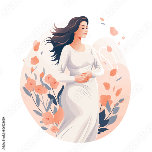 A woman is holding her stomach and is surrounded by flowers. The flowers are pink and white