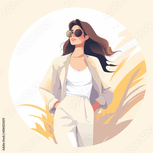 A woman is wearing a white jacket and white pants. She is wearing sunglasses and has her hands in her pockets