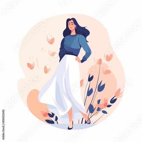 A woman in a blue shirt and white skirt is standing in front of a flowery background. Concept of elegance and grace, with the woman's posture and the flowy skirt adding to the overall aesthetic
