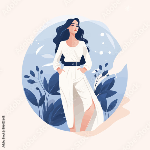 A woman in a blue shirt and white skirt is standing in front of a flowery background. Concept of elegance and grace, with the woman's posture and the flowy skirt adding to the overall aesthetic