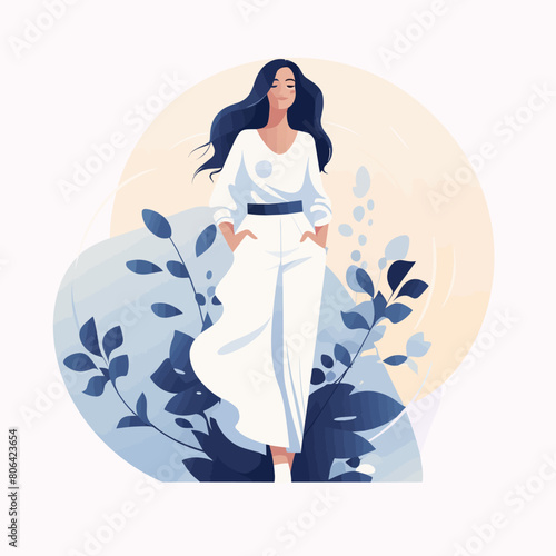 A woman in a blue shirt and white skirt is standing in front of a flowery background. Concept of elegance and grace, with the woman's posture and the flowy skirt adding to the overall aesthetic