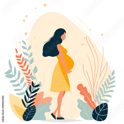 A woman is walking through a forest with a baby bump. Concept of natural beauty and the joy of motherhood