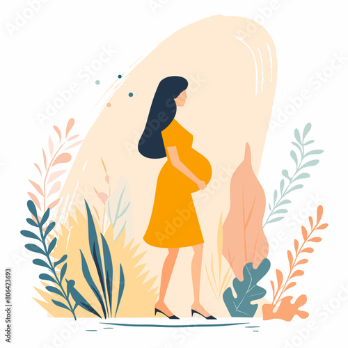 A woman is walking through a forest with a baby bump. Concept of natural beauty and the joy of motherhood