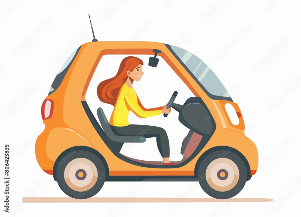 A woman is driving a yellow scooter. She is smiling and she is enjoying her ride A woman is driving a yellow scooter. She is smiling and she is enjoying her ride