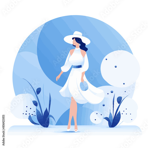A woman in a white dress is walking in a park. She is wearing a white hat and carrying a handbag. The scene is set in a blue and white color scheme, giving it a calm and serene atmosphere