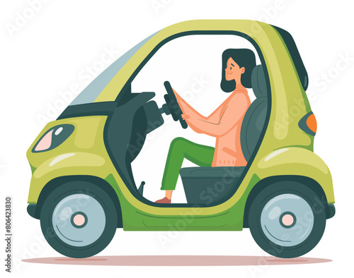 A woman is driving a green car. The car is small and has a green color. The woman is sitting in the driver's seat and is looking at the road