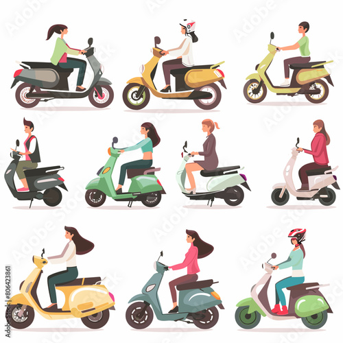 A group of people riding scooters in various colors. Scene is lively and fun