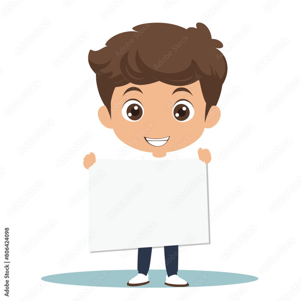 Young boy smiling holding blank sign happy expression. Cartoon child showcasing empty placard cheerful face. Kid poster ready text design