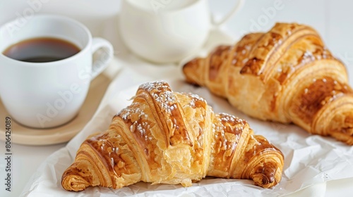 Croissant in bright white environment, with cup of coffee and milk . Generative Ai