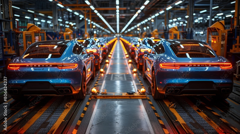 Car production line with cars in blue paint on the frame at factory for manufacturing and sheet metal work industry concept.