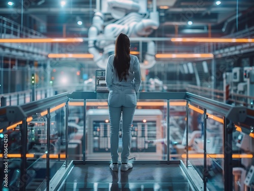 A person stands facing a large humanoid robot across a glass bridge in a high-tech environment.