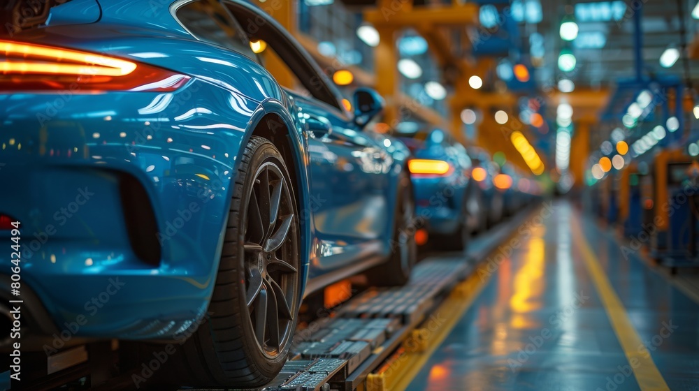 Car production line with cars in blue paint on the frame at factory for manufacturing and sheet metal work industry concept.