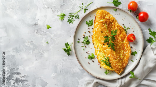 Gourmet French Omelette with Fresh Herbs and Tomatoes on a White Plate, with copy space for text
