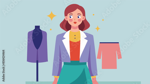 The client is taken aback by the elegant ensemble the stylist has created using a mix of highend thrifted pieces like a silk midi skirt and tailored. Vector illustration