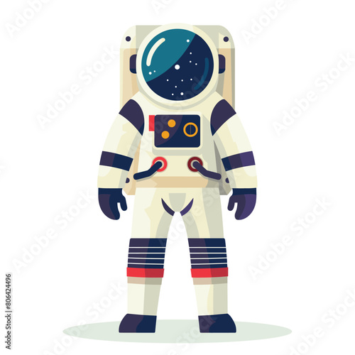 Astronaut standing front view space exploration theme. Cartoon astronaut graphic isolated white background. Space suit helmet reflection cosmic concept