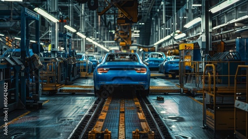 Car production line with cars in blue paint on the frame at factory for manufacturing and sheet metal work industry concept.