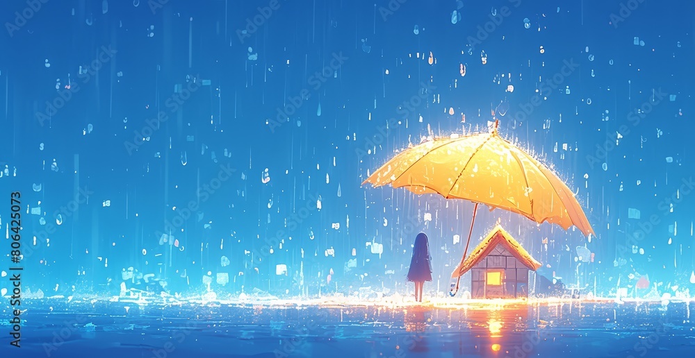 A house under an umbrella, with raindrops falling on the roof and walls of home, symbolizing protection from weather elements in night blue color. 