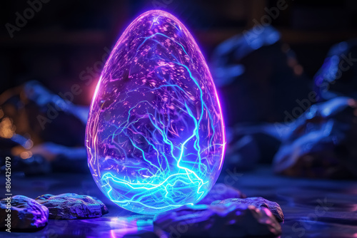 neon glowing egg in a dark mystical environment with rocks