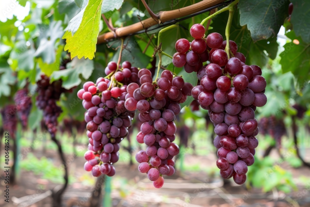 Ripe grape plantation in fruit farm vineyard, scenic view of lush grapevines ready for harvest