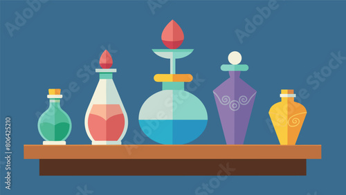 A shelf lined with delicate blown glass perfume bottles each one with a unique shape and stopper.. Vector illustration